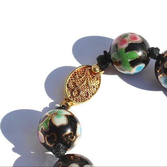 Vintage Chinese Knotted Cloisonne Beaded Necklace Strand Large Black Beads 26.5” - Picture 2 of 6